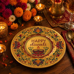 Diwali Happy Diwali Diya Gold Charger Plate – Decorative Under Plate with Oil Lamp & Lotus Border for Festive Table - MintiHome