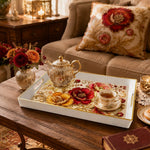 White Gold Embroidered Poppy Decorative Tray with Gold Leaves - MintiHome