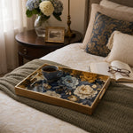 Navy Blue Peony Floral Glass Serving Tray with Gold Frame, 40x30cm - MintiHome