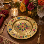 Decorative charger plate on a linen table.
