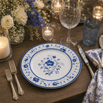 Blue Delft Floral Charger Plate – Classic Porcelain Under Plate with Peony Center and Lattice Border - MintiHome