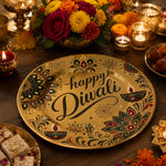 Diwali Happy Script Mandala Gold Charger Plate – Decorative Under Plate with Diya & Paisley Motif for Festive Table - MintiHome