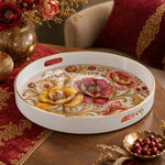 White Gold Embroidered Poppy Decorative Tray with Gold Leaves - MintiHome