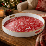 White tray with gold trim featuring red Christmas snowflake reindeer and pine tree pattern