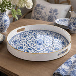 Blue and White Delft Floral Medallion Decorative Tray with Gold Trim - MintiHome