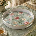 White tray with gold trim featuring vintage cottage rose peony and cosmos sage floral pattern
