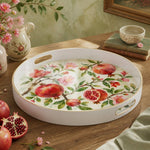 White tray with gold trim featuring watercolor pomegranate branch and cherry blossom design