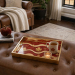 Maple Leaf Glass Serving Tray – Red Wave Canadian Flag displayed on a dining table with a porcelain teapot and fresh flowers, vintage cabinet in background.