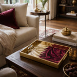 Qatar Flag Silk Glass Serving Tray – Maroon Filigree displayed on a dining table with a porcelain teapot and fresh flowers, vintage cabinet in background.