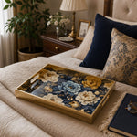 Navy Blue Peony Floral Glass Serving Tray with Gold Frame, 40x30cm - MintiHome