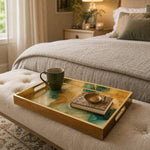 Teal Marble Glass Serving Tray with Gold Veining, Modern Decor - MintiHome