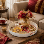 White Gold Embroidered Poppy Decorative Tray with Gold Leaves - MintiHome