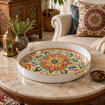 White tray with gold trim featuring colorful bohemian mandala and paisley motif design