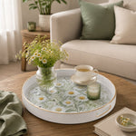 White tray with gold trim featuring white daisy and green meadow wildflower botanical floral design
