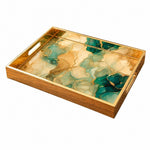 Teal Marble Glass Serving Tray with Gold Veining, Modern Decor - MintiHome