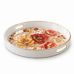 White Gold Embroidered Poppy Decorative Tray with Gold Leaves - MintiHome