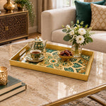 Ramadan & Eid al-Fitr Plastic Serving Tray – Teal Rosette Medallion plastic serving tray shown in a rectangular styled scene.