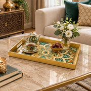 Ramadan & Eid al-Fitr Plastic Serving Tray – Teal Rosette Medallion plastic serving tray shown in a rectangular styled scene.