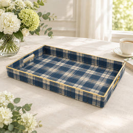 Daily Decorative Plastic Serving Tray – Navy Tartan Check full-print plastic serving tray shown in a product view.