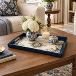 Ramadan & Eid al-Fitr Plastic Serving Tray – Navy Floral Medallion plastic serving tray shown in a rectangular styled scene.