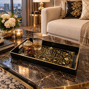 Ramadan & Eid al-Fitr Plastic Serving Tray – Calligraphy Scroll Panel plastic serving tray shown in a rectangular styled scene.