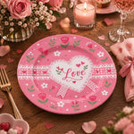Valentine's Day Decorative Charger Plate – Lace Heart Gingham Ribbon full-print plastic serving tray shown in a styled room scene.