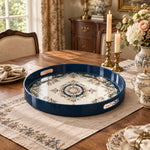 Ramadan & Eid al-Fitr Plastic Serving Tray – Navy Floral Medallion plastic serving tray shown in a round styled scene.