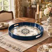 Ramadan & Eid al-Fitr Plastic Serving Tray – Navy Floral Medallion plastic serving tray shown in a round styled scene.