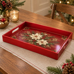 Christmas Decorative Serving Tray – Ivory Poinsettia Bloom plastic serving tray shown in a rectangular product view.