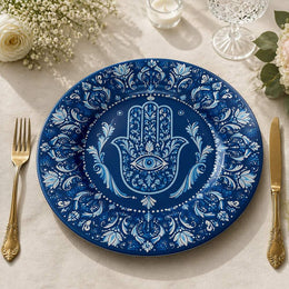 Navy Blue Hamsa Hand Evil Eye Ramadan Decorative Charger Plate - MintiHome
