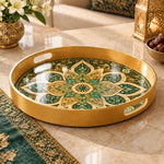 Ramadan & Eid al-Fitr Plastic Serving Tray – Teal Rosette Medallion plastic serving tray shown in a round product view.