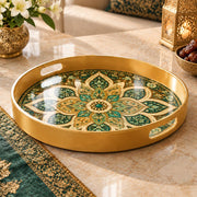 Ramadan & Eid al-Fitr Plastic Serving Tray – Teal Rosette Medallion plastic serving tray shown in a round product view.