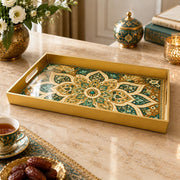 Ramadan & Eid al-Fitr Plastic Serving Tray – Teal Rosette Medallion plastic serving tray shown in a rectangular product view.
