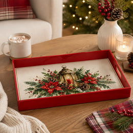 Christmas Decorative Serving Tray – Lantern Poinsettia plastic serving tray shown in a rectangular product view.