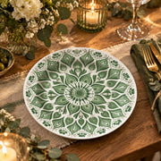 Ramadan Decorative Charger Plate – Sage Mandala Damask full-print plastic serving tray shown in a styled room scene.