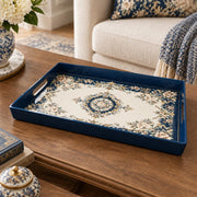Ramadan & Eid al-Fitr Plastic Serving Tray – Navy Floral Medallion plastic serving tray shown in a rectangular product view.