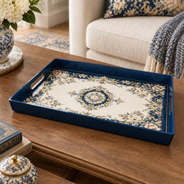 Ramadan & Eid al-Fitr Plastic Serving Tray – Navy Floral Medallion plastic serving tray shown in a rectangular product view.