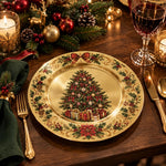 Christmas Decorative Charger Plate – Gold Holly Tree full-print plastic serving tray shown in a styled room scene.