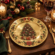 Christmas Decorative Charger Plate – Gold Holly Tree full-print plastic serving tray shown in a styled room scene.