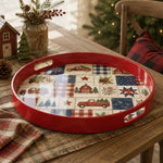 Red Christmas Patchwork Tray with Vintage Truck, Barn and Snowflakes - MintiHome