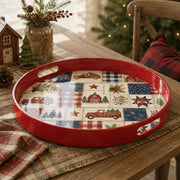 Red Christmas Patchwork Tray with Vintage Truck, Barn and Snowflakes - MintiHome
