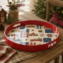 Red Christmas Patchwork Tray with Vintage Truck, Barn and Snowflakes - MintiHome