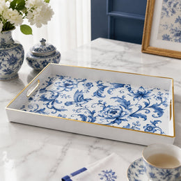 Blue and White China Bird Wedding Plastic Serving Tray Rectangular - MintiHome