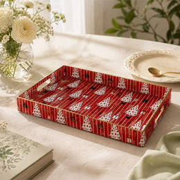 Christmas Decorative Plastic Serving Tray – Snowy Tree Red Stripe - MintiHome