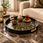 Ramadan & Eid al-Fitr Plastic Serving Tray – Calligraphy Scroll Panel plastic serving tray shown in a round styled scene.
