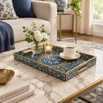 Ramadan Decorative Plastic Serving Tray – Calligraphy Medallion Vines full-print plastic serving tray shown in a styled room scene.