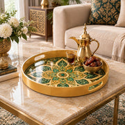 Ramadan & Eid al-Fitr Plastic Serving Tray – Teal Rosette Medallion plastic serving tray shown in a round styled scene.