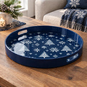Christmas Decorative Serving Tray – Scattered Snowflake Field plastic serving tray shown in a round product view.