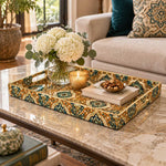 Ramadan Decorative Plastic Serving Tray – Ogee Medallion Lattice full-print plastic serving tray shown in a styled room scene.
