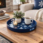 Christmas Decorative Serving Tray – Scattered Snowflake Field plastic serving tray shown in a round styled scene.